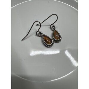 Vintage Teardrop Dangle Earrings With Brown Stone &  Silver Finish